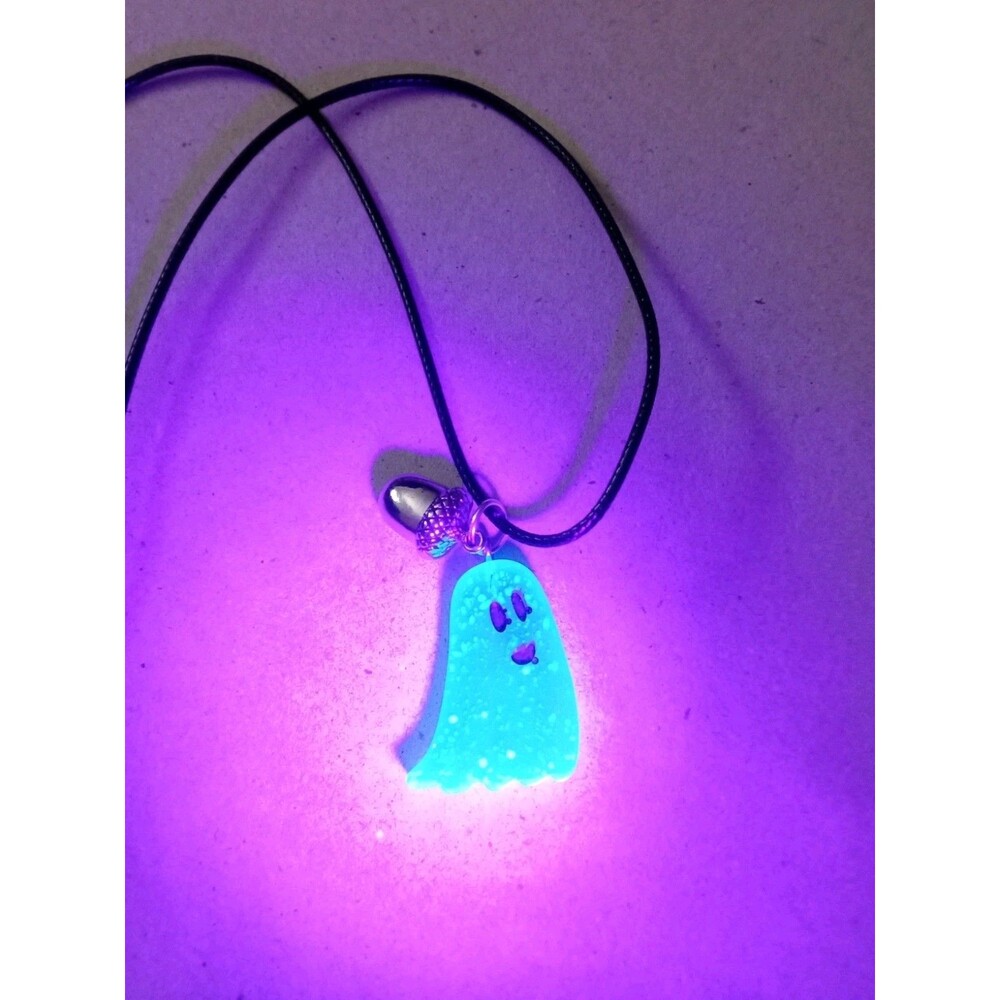 #4 Florescent Ghost Halloween Necklace Synthetic Cord Charm 19" Inc Extender
